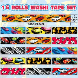 Juego de cintas Washi para coche, 16 rollos con 8 diseños de dibujos animados, cinta decorativa con temática de carreras para diarios, manualidades, álbumes de recortes (1,5 x 3 m) bandera