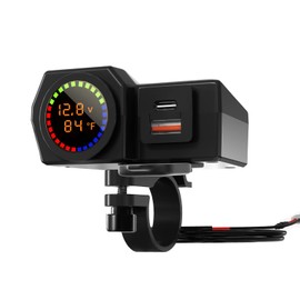 Motorcycle USB Phone Charger & Type C Power Delivery Adapter with Waterproof 6.4A Dual Port QC3.0 Fast Charging, Voltmeter & Thermometer & ON/Off Switch for Phone, Tablet, Camera