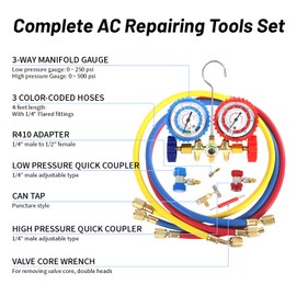 PB Motor Tech 3 Way AC Manifold Gauge Set for R134A, R12, R22 & R502 Refrigerants with Quick Couplers, 410 Adapter, Puncturing Can Tap & Valve Core Tool, for Automotive & Household AC Maintenance