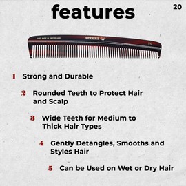 Speert #20 Handmade Wide Tooth Comb Tortoise Havana Acetate Thick Coarse Curly Detangling Parting Grooming Teasing Hair Styling Hairdresser Barber Hairdressing Wet Dry Pocket Travel Women Men Kids