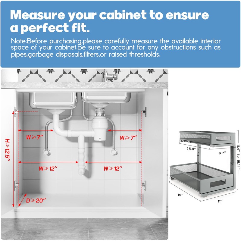 Biboraya 2 Pack 19IN Depth Under Sink Storage Organizer, Large