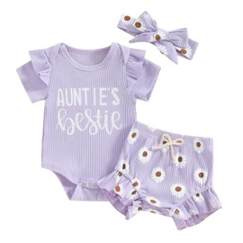 NZNDSHD Aunties Bestie Baby Clothes Girl Newborn Infant Girls Summer Outfit Short Sleeve Romper Daisy Short Headband Set (Purple Aunties, 3-6 Months)