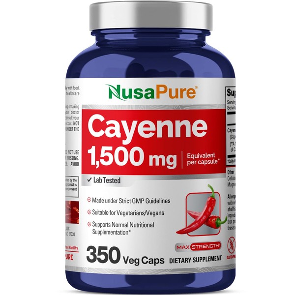 NusaPure Cayenne Pepper 1500mg Per Caps, 350 Veggie Capsules, Vegetarian, Non-GMO, Gluten-Free