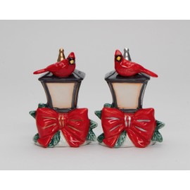 Fine Ceramic Christmas Holidays Red Cardinal on Lamp Post Salt & Pepper Shakers Set, 3-5/8" H