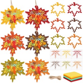 JarThenaAMCS 24 Sets Fall Suncatcher Tissue Paper Craft Kits DIY Autumn Maple Leaves Craft Set with Paper Cutout Sticker Hemp Rope for Thanksgiving Harvest Holiday Party Decorations
