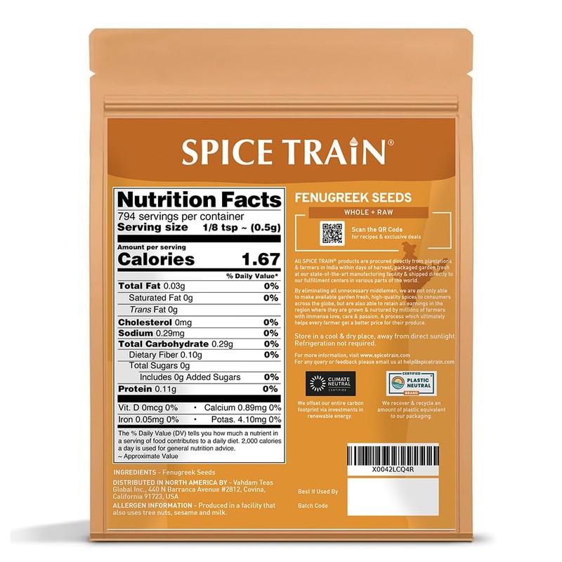 SPICE TRAIN, Fenugreek/Methi Seeds (397g) Non-GMO, Gluten-Free & 100% Whole