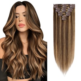 Elailite Clip in Hair Extensions Real Human Hair Remy Hair Full Head - 8 Pcs Invisible Thin Weft - Mix #4/27 Medium Brown & Dark Blonde - 24 Inch