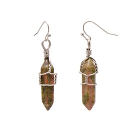 Natural Unakite Quartz Wire Wrapped Point Crystal Earrings for Women Reiki Energy Healing