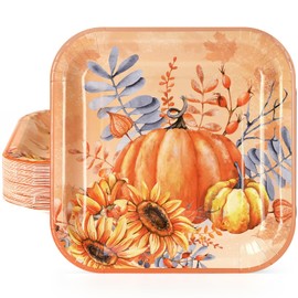Homlouue Fall Pumpkin & Sunflower Paper Plates, 50PCS 9 Inch Square Fall Paper Plates, Heavy Duty Thanksgiving Plates, Thanksgiving Paper Plates Disposable for Fall Theme Dinner Party Decoration