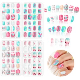 96 Pcs Kids Stick on Nails, Kids False Nails Cartoon Press on Fake Nail Tip Children Artificial Nail Tips Kids Pre-glued Fake Nail for Girls Nails Art Decoration (Striped)