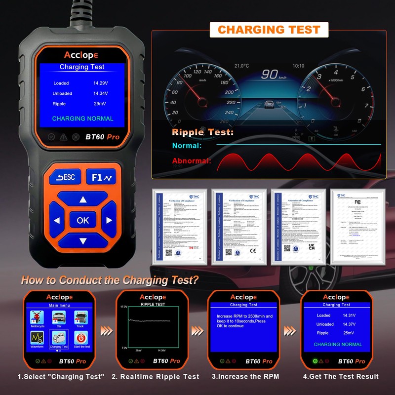 BT60 Pro Acclope Car Battery Tester with Cloud Printing 100-3000