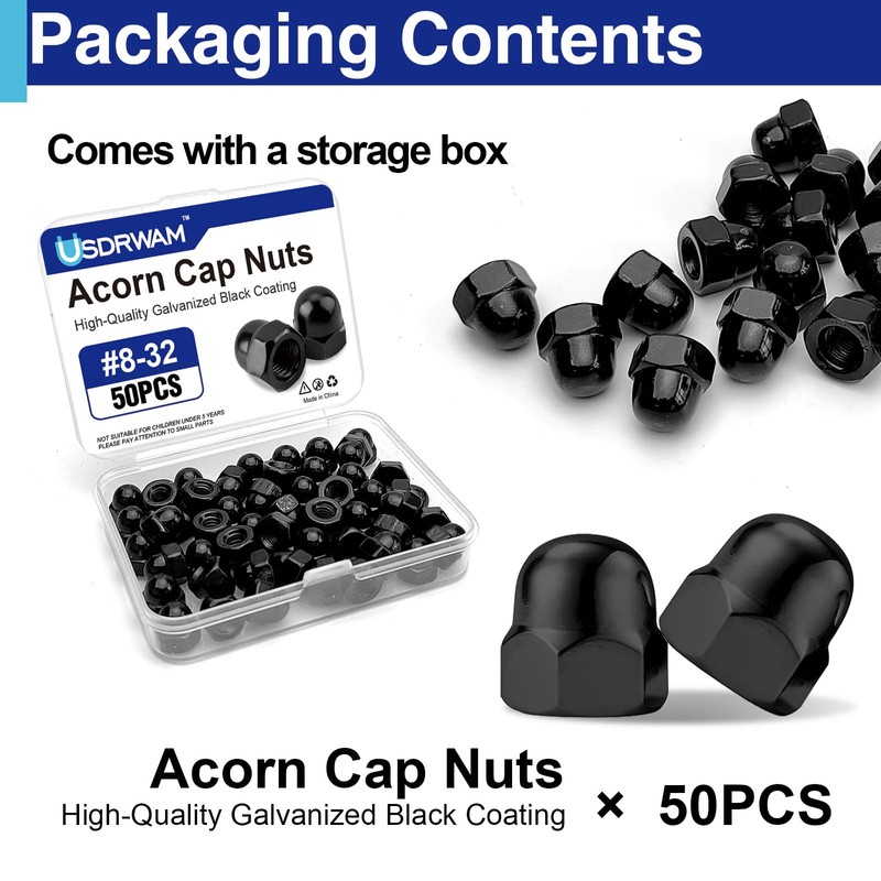 50Pcs #8-32 Acorn Cap Nuts, Zinc Plating-Black Hex Head Acorn