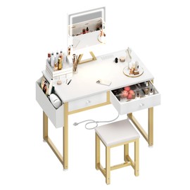 Lufeiya Lufeiya Small Makeup Vanity Desk with Fabric Drawers, 32 inch White Vanity Desks with Mirror and Light, Dressing Table and Chair Set with Power Outlet for Girls Bedroom, White Gold