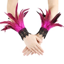 MAOFENG Women‘s Gothic Lace Feather Cuffs Wristband Gloves Swan Wings Wrist Bands Costume Accessories Feather Gloves, Hot Pink