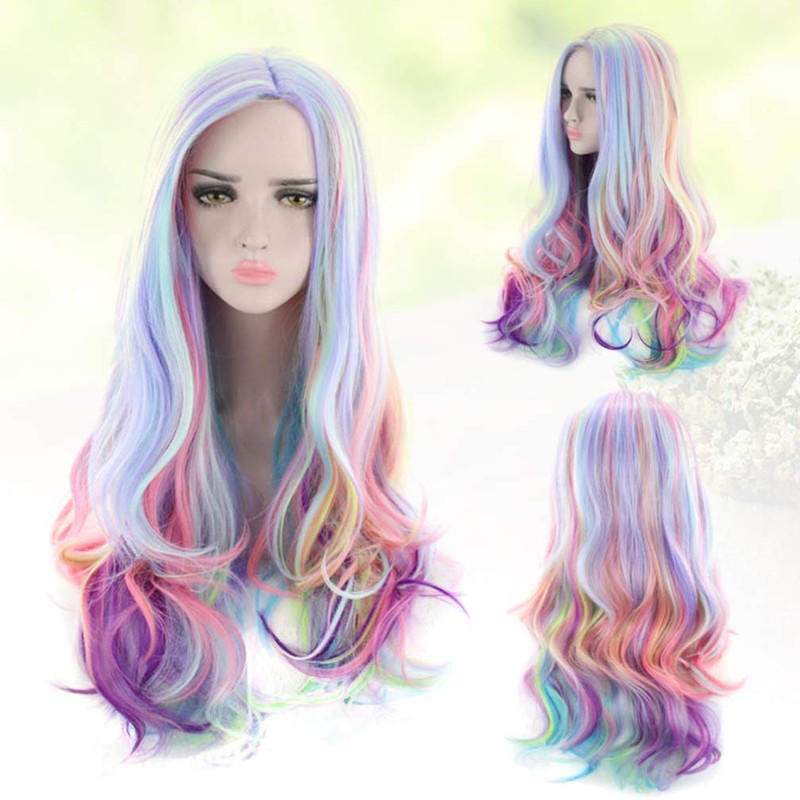 Lurrose Wig Long Wavy Rainbow Colours Curly Wig for Festivals