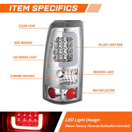 PM PERFORMOTOR [C-Shape 3D LED] Tail Lights Brake Lamps Assembly Compatible with 99-03 Silverado Sierra,Chrome Housing/Clear Lens