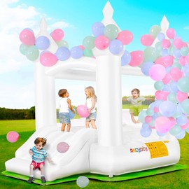 AKEYDIY Inflatable Bounce House, Kids Bouncy Castle for 2~10, White Bounce House with Slide Indoor/Outdoor Jump House with Blower, Pastel Bouncer Slide with Safety Net, Basketball Rim&Fun Toys
