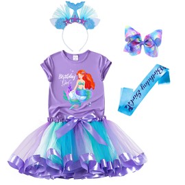 Mermaid Birthday Outfit Set – Shirt, Rainbow Tutu Dress, Satin Sash, Headband – Birthday Gifts for Girls Costume (Purple 1, 8 Years)