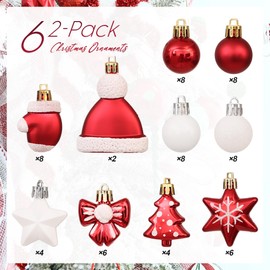 Sea Team 62-Pack Assorted Shatterproof Plastic Christmas Ball Ornaments Set, Miniature Baubles, Pendants, Decorations for Small Xmas Tree, DIY Wreath, Garland (Red, White)