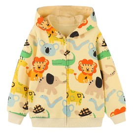 NUBEEHOHO Kids Toddler Zip Up Hoodies Yellow 100% Cotton Fall Jacket Animal Koala Elephant Lion Printed Sweatshirt Clothes 5-6 (084)