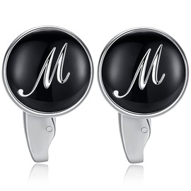 (M) - HONEY BEAR Initial Alphabet Letter Cufflinks Tie Clip Set for Mens - Black Round Stainless Steel, for Business Wedding Gift A - Z