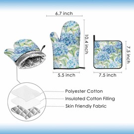 Samgula Teal Blue Flower Oven Mitts and Pot Holders Sets Hydrangea Nature Spring Summer Heat Resistant 3pcs for Cooking Baking BBQ