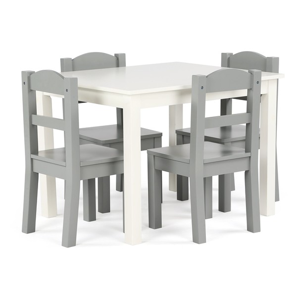 Humble Crew, White/Grey Kids Wood Table and 4 Chairs Set, 26x22x19 inches,10x10x22 inches,10 inches