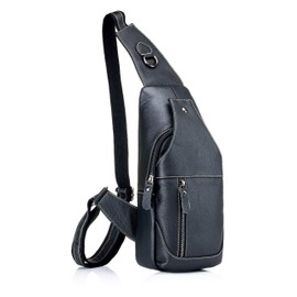 WeeDee Men's Leather Sling Bag, Shoulder, Chest Bag, Water Resistant Tote Bag, Messenger Bag, Backpack for Hiking, Work, School, Business, Cycling, Travel - Black -