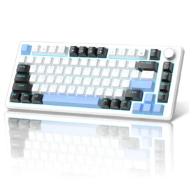 MageGee 75% Mechanical Gaming Keyboard, Compact Blue Backlit Wired Gaming Keyboards with Brown Switches, EVA Foam, Knob Control, STAR75 Portable NKRO PC Gaming Keyboard - White & Blue