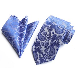marysgift Floral Paisley Wedding Tie Handkerchief Men's Necktie & Pocket Square Set (T016 Blue Paisley, 198)