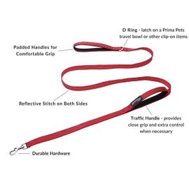 Reflective 6 Feet Nylon Dog Leash with Padded Double Handles, 2 Heavy Duty Dual Neoprene Handles for Control Safety Training Durable Traffic Handle, for Small to Medium Dog (Medium - 3/4" Width, RED)
