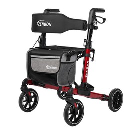 Rollator Walker for Seniors/Adults Foldable in Two Directions Rolling Walker with Seat 330 lbs Capacity 4 Big 8 inch Wheels Hand Grips Adjustable Height Lightweight Aluminum Walker 7204(Red)