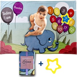 DREAM.IN Baby Milestone Blanket | Minky Soft Fleece Fabric, Boys Girls Unisex | Includes Felt Frame | Large 40" X 60" Newborn |Unique Background | Photography Props (Elephant)