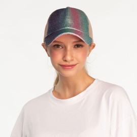 C.C Ponycap - Gorra de béisbol ajustable con malla con purpurina, Una banda elástica, color morado brillante con purpurina, Talla única