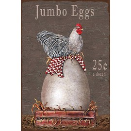 AGDeko® Tin Sign 18 x 12 cm Chicken Jumbo Eggs 25 c a Dozen for Hanging or Standing Room Decoration