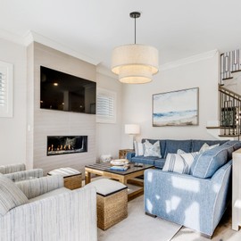 VILUXY Drum Fabric Pendant Light Farmhouse White Chandelier Double Drum Shade Hanging Ceiling Light Fixture 3 Lights Linen for Bedroom Dining Room Living Room Entryway