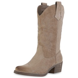 VAN HILL Ladies Funnel Heel Embroidery Cowboy Boots, Khaki (khaki velour)