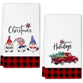 JOOCAR Merry Christmas Kitchen Towels Dish Towels Set of 2, 16x27 Inch Seasonal Gnome Red Truck Drying Dishcloth, Red Buffalo Plaid Farmhouse Kitchen Bathroom Decor Hand Towels