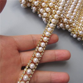 2 Yards Gold Pearl Rhinestone Chain, Crystal Rhinestones Pearl Chain Trim for Crafts Bridal Wedding Dress Decoration