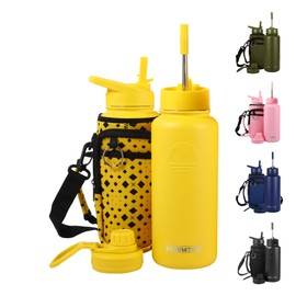FAHRMOSIS 32 Oz Water Bottle with Straw & Holder Strap | Insulated Water Bottle Water Jug Includes 3 Lids Water Bottles | Stainless Steel Water Bottle for Men & Women -Yellow