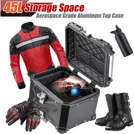 kumaziin Motorcycle Top Case Aluminum 45L Motorcycle Top Box with Unique Security Lock, Secure & Durable Black Tail Box Easy-to-Install White-Colorful