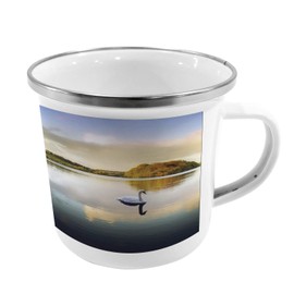 Lunarable Rustic Metal Camping Cup, Swans Resting on Lake Covered by Forest in The Scottish Highlands, Stainless Steel Mug for Indoor and Outdoor Activities, Pale Grey Orange