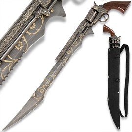 Steampunk Gun Blade Sword K Exclusive | 20 1/2" Rust Resistant Stainless-Steel Blade | Antique Finish | Laser-Etched and Engraved Accents | Spinning Barrel | Nylon Sheath Included | 26" Overall Length