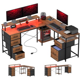 HOMCOM 66" L Shaped Gaming Desk, Reversible, 105" 2 Person Computer Desk with File Cabinet and Fabric Drawers, Power Outlets and LED Lights, Monitor Stand, Rustic Brown