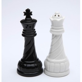Fine Porcelain Chess Black King & White Queen Salt & Pepper Shakers Set, 3-3/4" H