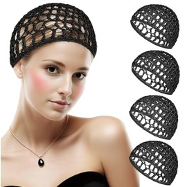 4PCS Crochet Hair Net - Soft Mesh Hair Wrap for Sleeping, Curls & Bun Lifting - Breathable Snood Hat for Women, Thick/Short Knit Hairs Cover for Long/Short Straight or Curly Hairs, Wig Cap (Black)
