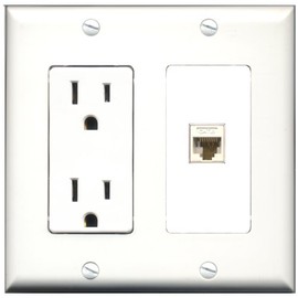 RiteAV - 15 Amp Power Outlet and 1 Port Cat6 Ethernet White Decorative Type Wall Plate White