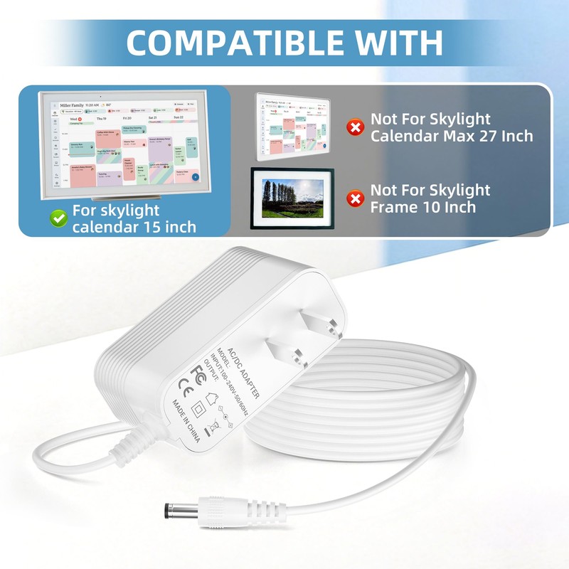Power Cord Compatible with Skylight Calendar 15 inch, 12V Adapter