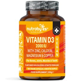 Vegan Vitamin D3 2000iu with Magnesium Calcium & Zinc Supplement, Advanced Immunity Support, Strong Bones & Teeth, Muscle Recovery, Sleep Better,180 Vegan Capsules, 3 Months Supply, UK Nutrabytes