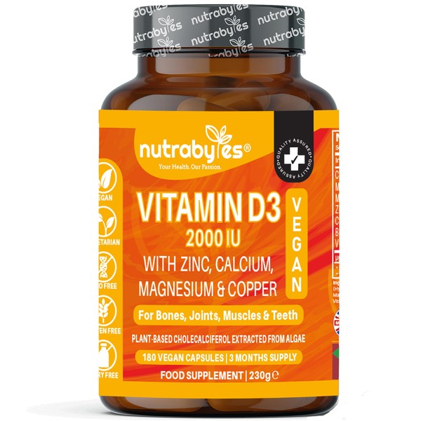 Vegan Vitamin D3 2000iu with Magnesium Calcium & Zinc Supplement,